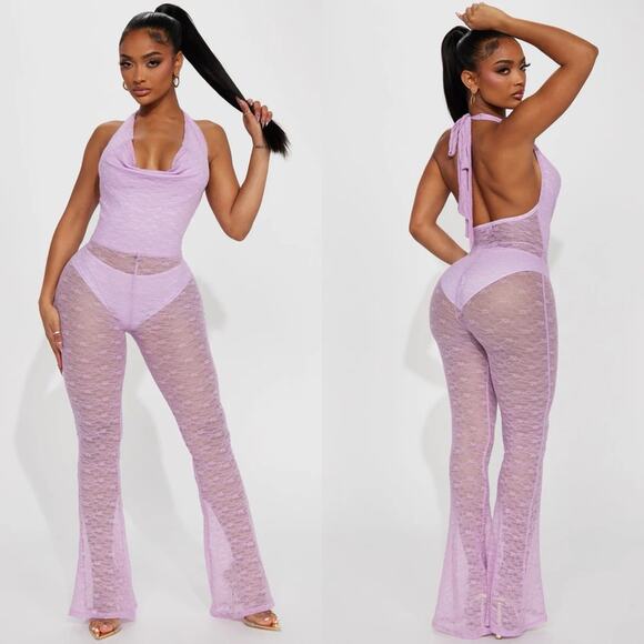 Fashion Nova Sweet Fantasy Lace Halter Flare Jumpsuit In Lavender Plus Size 1X - Picture 1 of 15